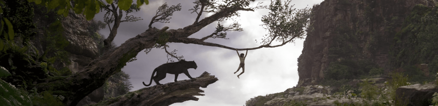 A panther approaches a boy dangling from a tree.