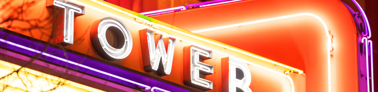 close up of the neon Tower marquee sign