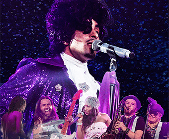 A Prince look-a-like sings in front of a purple backdrop.